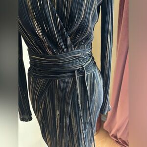 Elegant Black and Gold Striped Wrap Dress by Rachel Roy